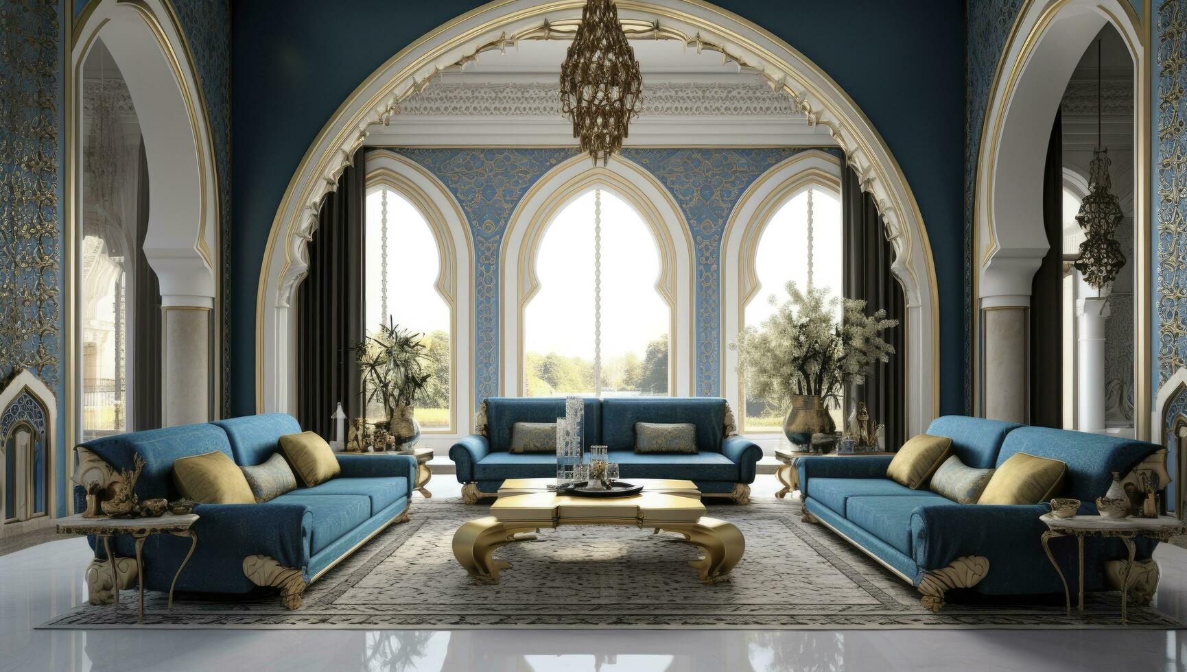 ai generado moderno vivo habitación exhibiendo lujo oriental interior diseño foto