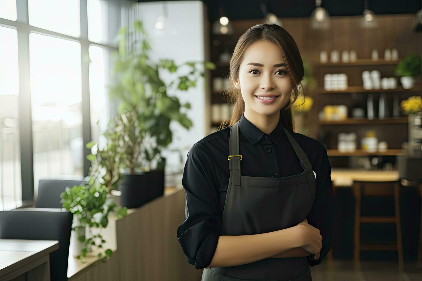 ai generado hembra camarera en un negro vestir y delantal en pie en restaurante foto