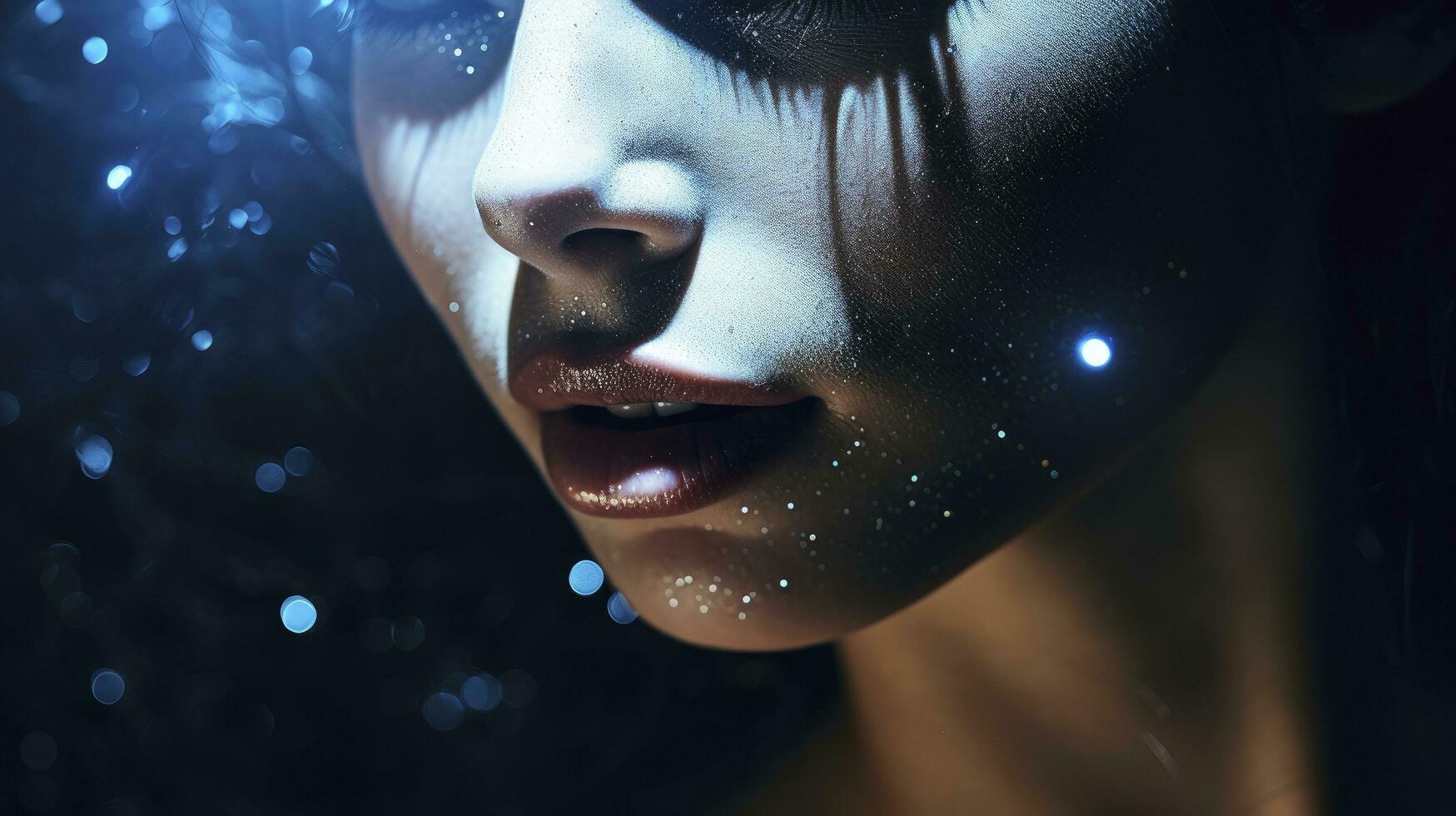 AI generated Close-Up Portrait of a Woman in Blue Iridescent Hues, Embracing Dark Romantic Style with Glitter and Bokeh Elements. photo