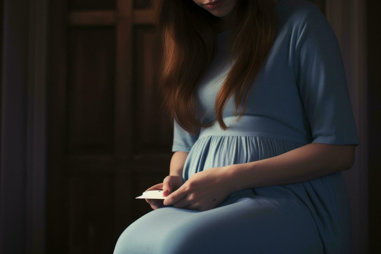 AI generated Pregnant woman holding a card in her hand, close up, Cropped image of a woman holding a pregnancy test on her knees, AI Generated photo