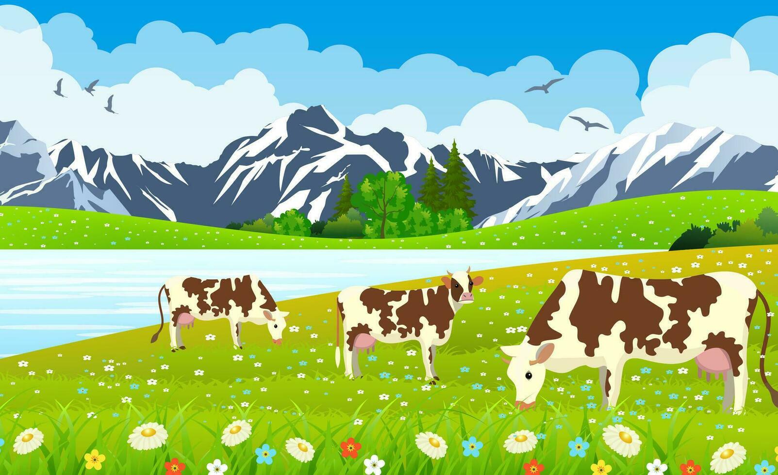 Tres vacas en un paisaje y granja. vector