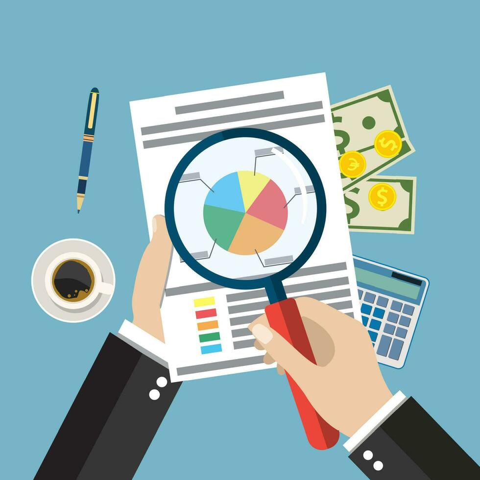 Cartoon businessman hands with magnifier analysis paper sheet vector
