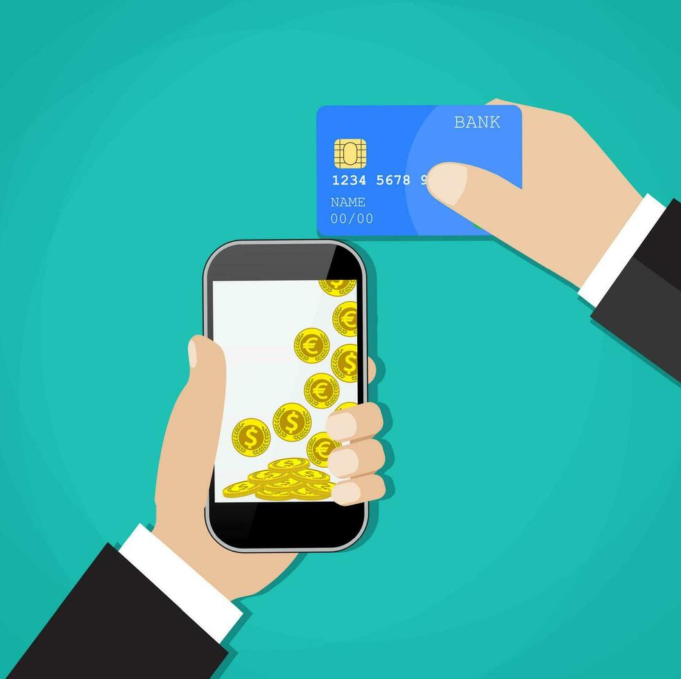 Man hands holding mobile phone and credit card. vector