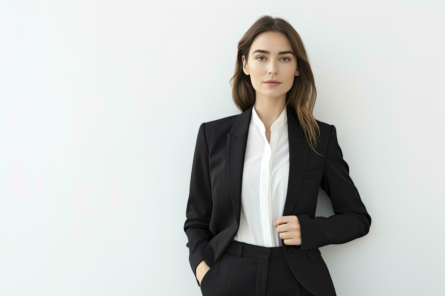 AI generated Cheerful business woman wearing black blazer standing isolated on white background photo