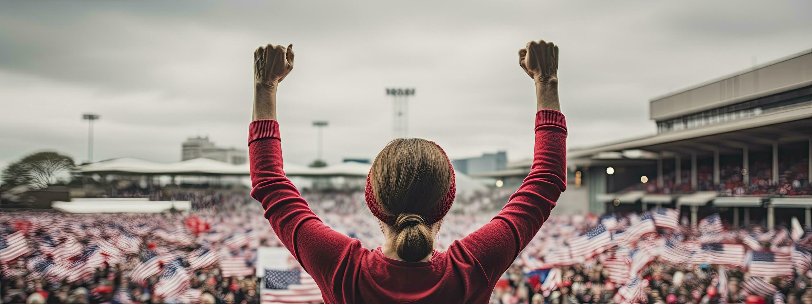 AI generated Woman raises hands protesting for her rights photo