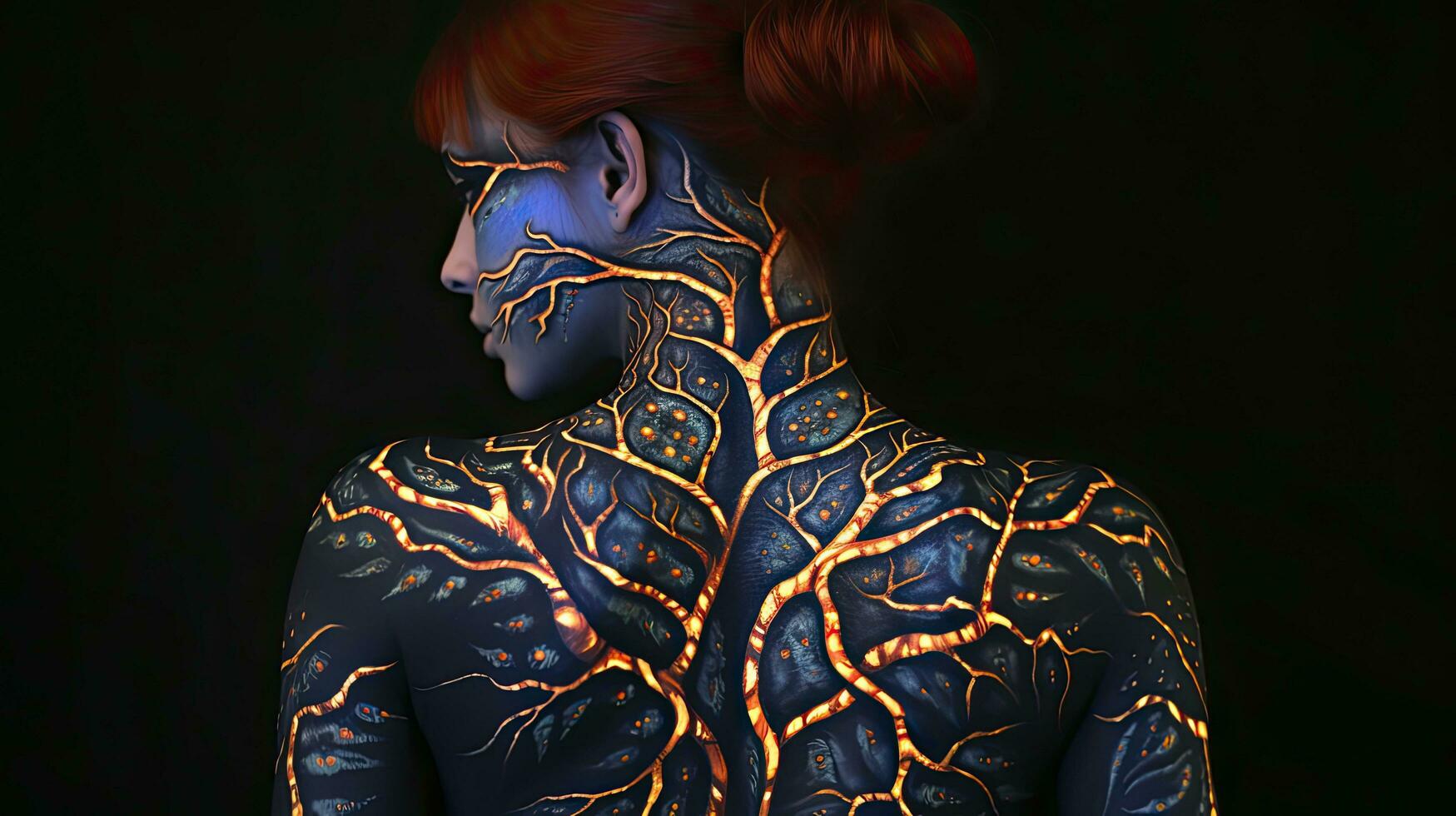 AI generated A Girl Captured in a Photo, Displaying Vibrant Colored Luminous Tattoos on Her Back photo