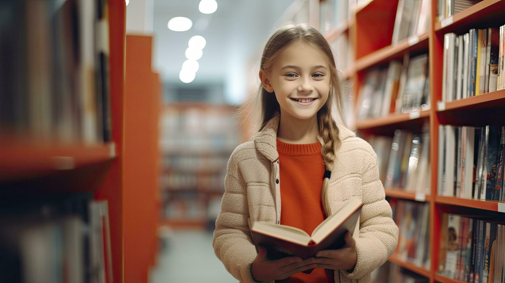 ai generado pequeño colegio niña alcanza para estante de para niños libros en el libro biblioteca foto