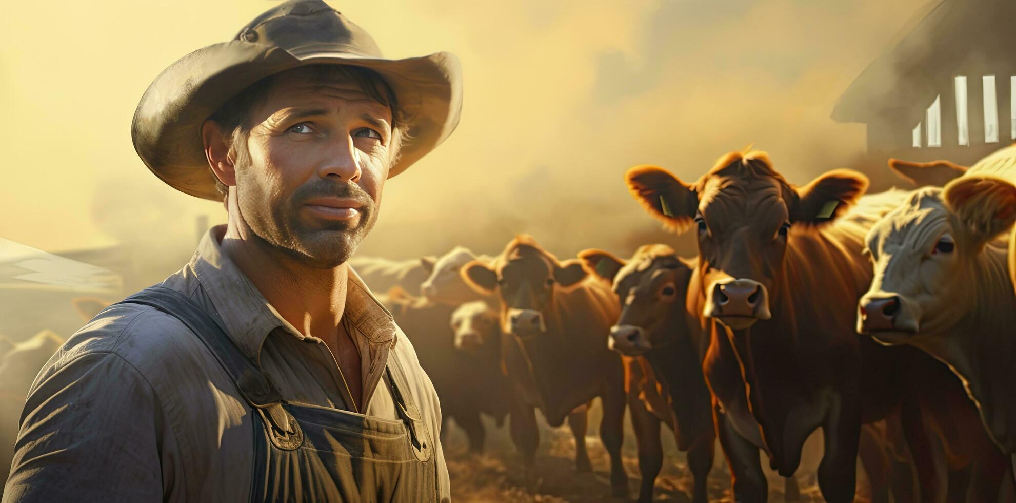 AI generated Farmer Standing in Front of a Herd of Cows. photo