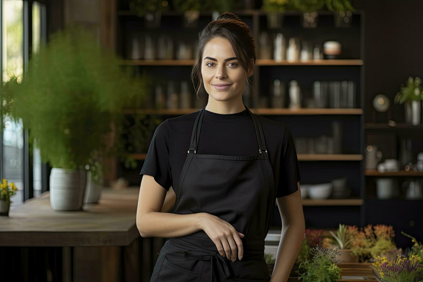 ai generado hembra camarera en negro delantal en pie en tienda foto