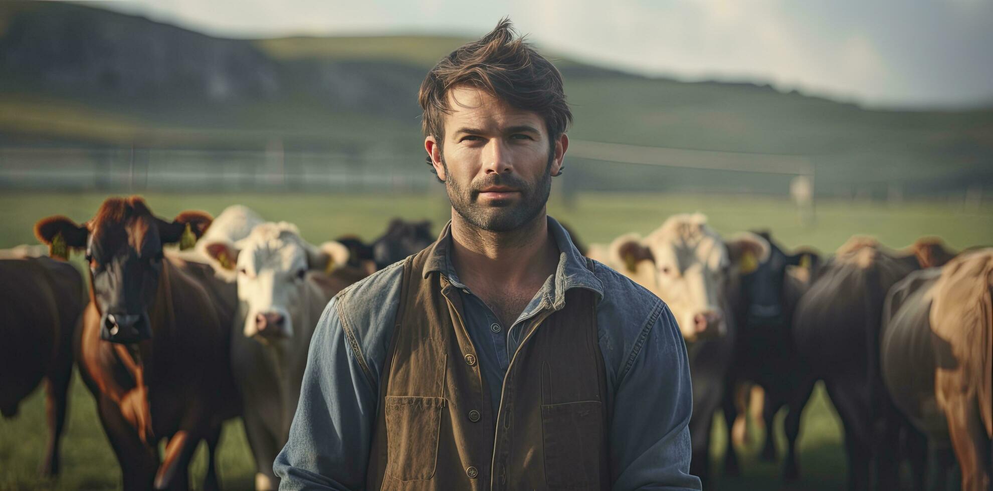 AI generated Farmer Standing in Front of a Herd of Cows. photo