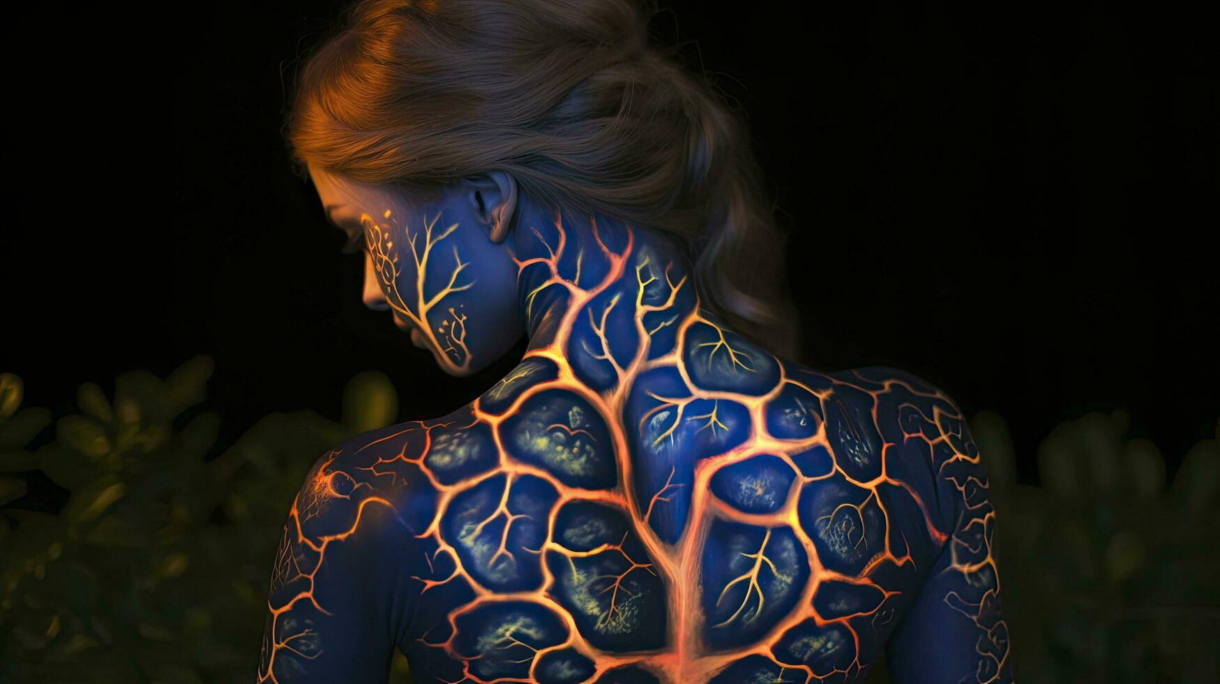 AI generated A Girl Captured in a Photo, Displaying Vibrant Colored Luminous Tattoos on Her Back photo