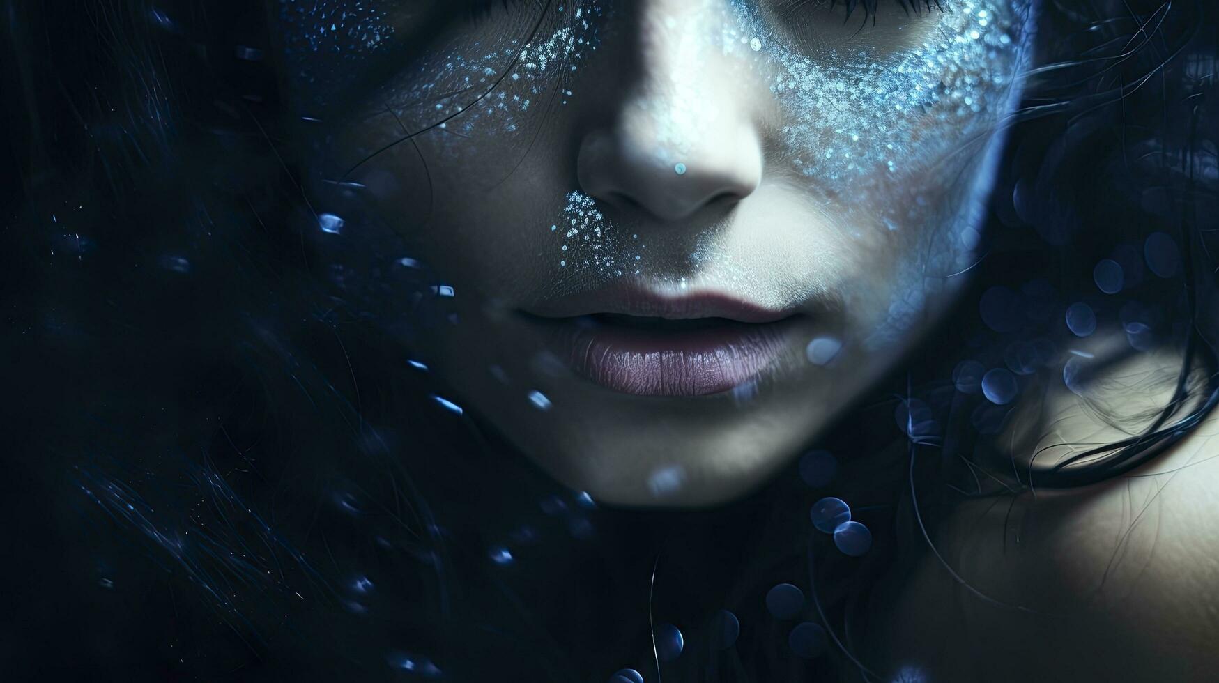 AI generated Close-Up Portrait of a Woman in Blue Iridescent Hues, Embracing Dark Romantic Style with Glitter and Bokeh Elements. photo