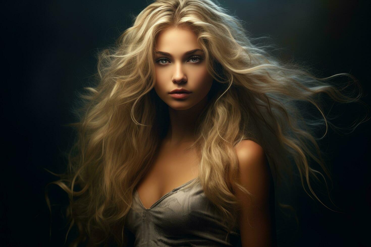 ai generado retrato de un hermosa rubia mujer con largo ondulado cabello, hermosa niña con largo rubia pelo en oscuro fondo, ai generado foto