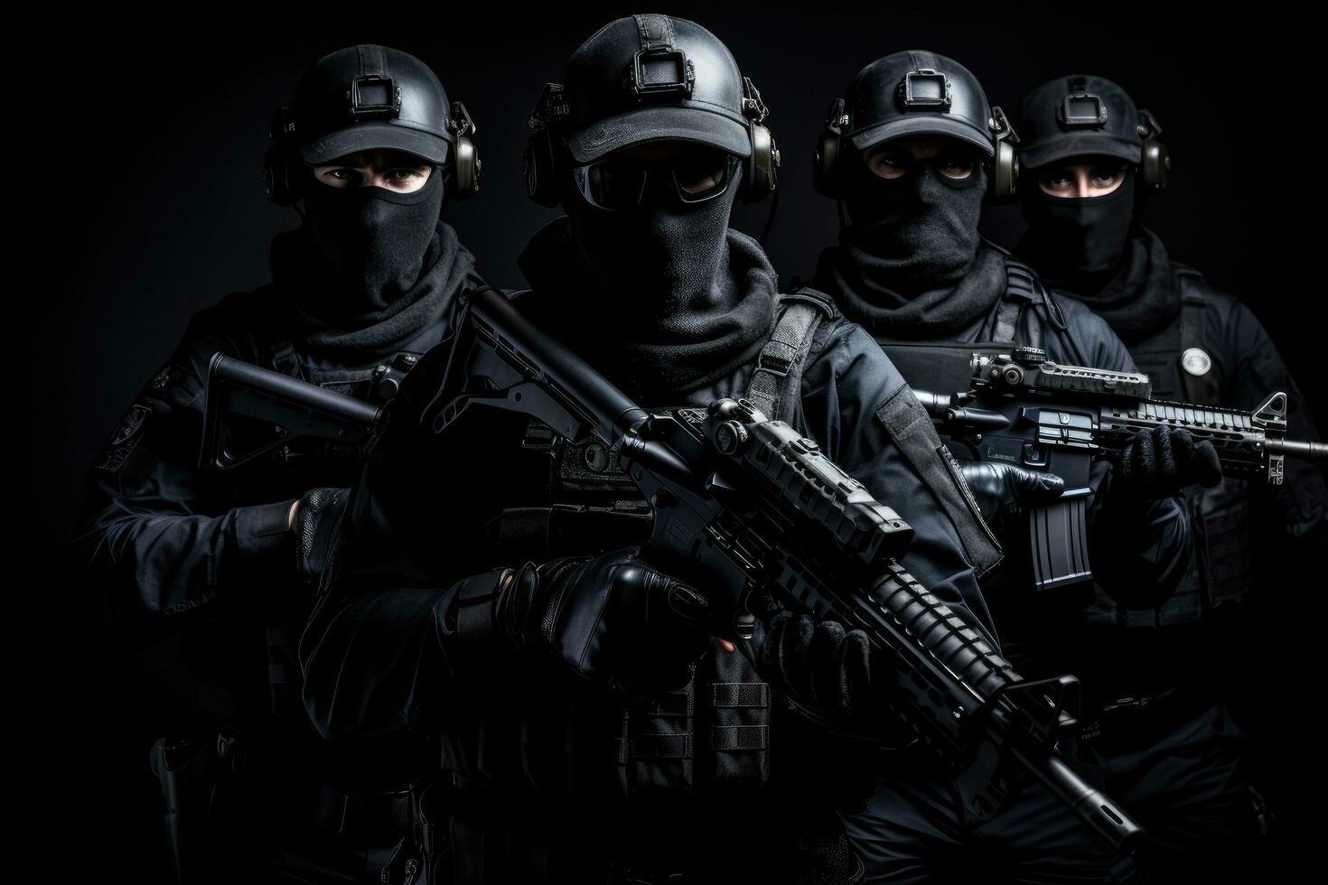 AI generated Portrait of a group of masked soldiers with guns on dark background, Armed special forces group with shotguns on a black background, face covered with masks, AI Generated photo