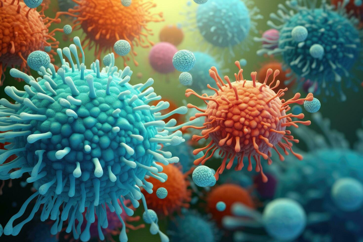 AI generated 3D illustration of SARS-CoV-2 virus cells in infected organism. 3D rendering, Beautiful illustration of bacteria or virus view under microscope, AI Generated photo