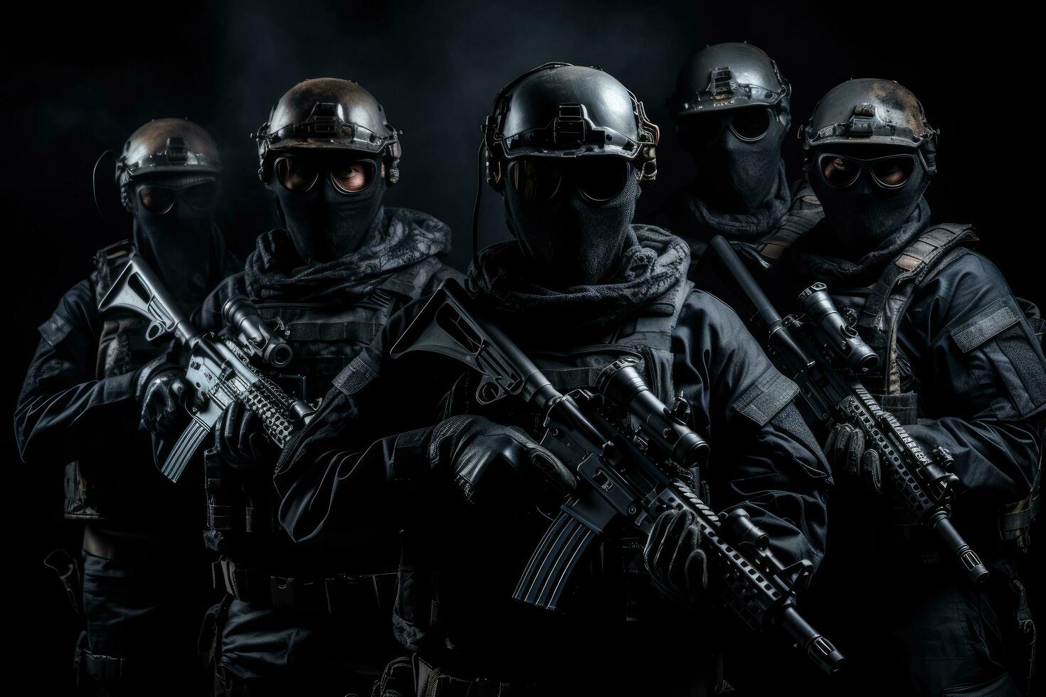 AI generated Group of special forces soldiers in full gear. Studio shot over black background, Armed special forces group with shotguns on a black background, face covered with masks, AI Generated photo