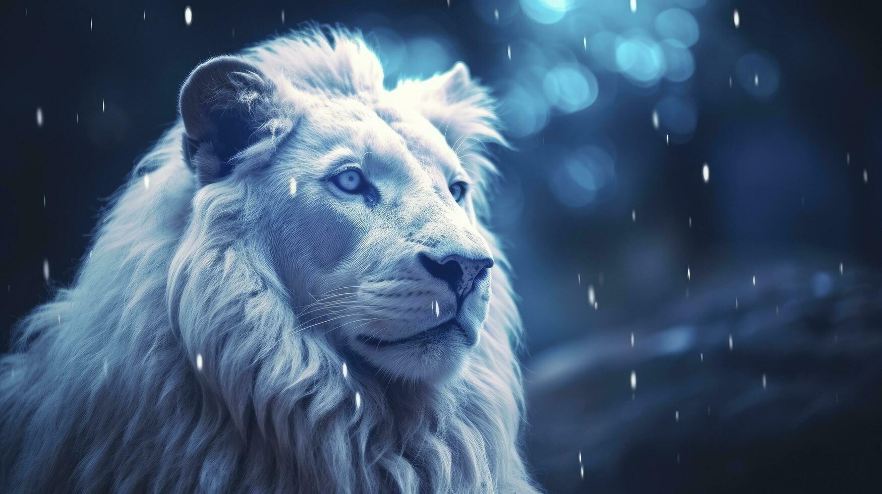 AI generated A White Lion Captured in Blue Iridescent Hues, Dark Romantic Style, Close-Up Shots, Featuring Glitter, Bokeh, and a Clean, Minimalist Aesthetic. photo