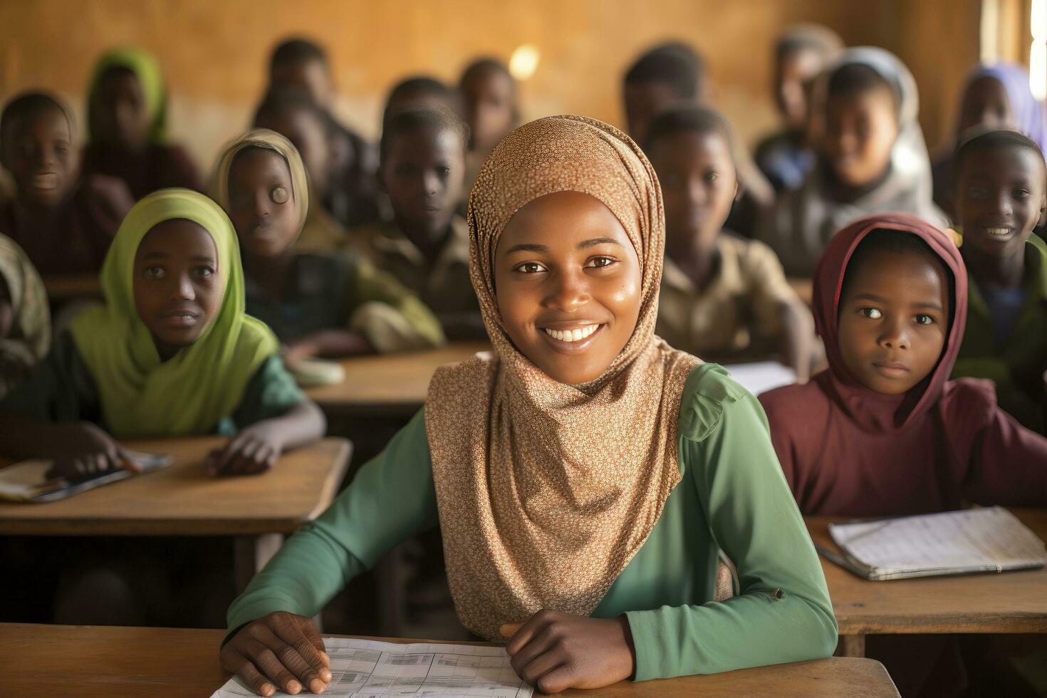 AI generated Happy teacher with pupils in classroom photo