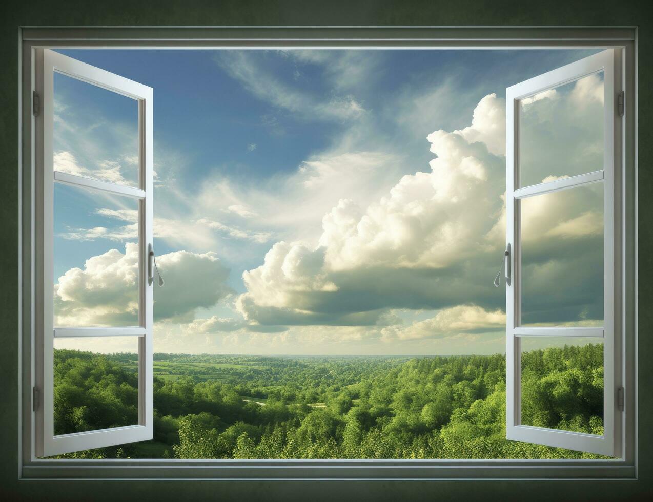 ai generado abrazando naturaleza panorámico ver de un rural verano campo mediante un abrió ventana, trayendo el belleza de el al aire libre adentro. foto