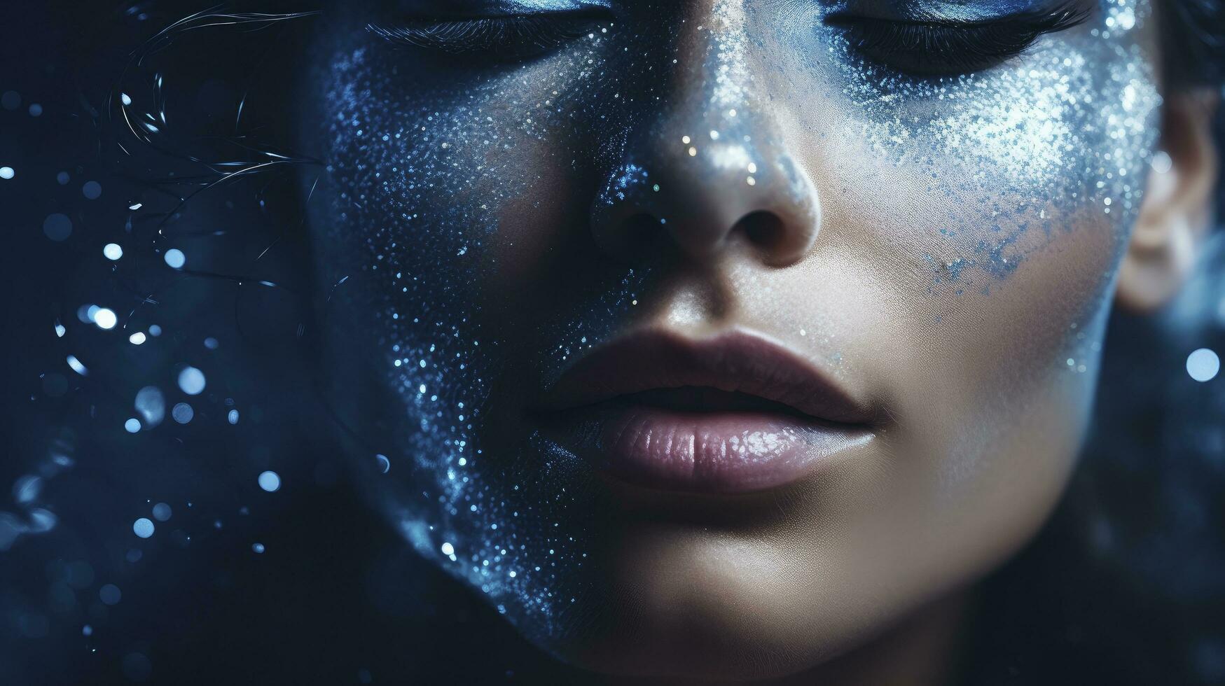 AI generated Close-Up Portrait of a Woman in Blue Iridescent Hues, Embracing Dark Romantic Style with Glitter and Bokeh Elements. photo