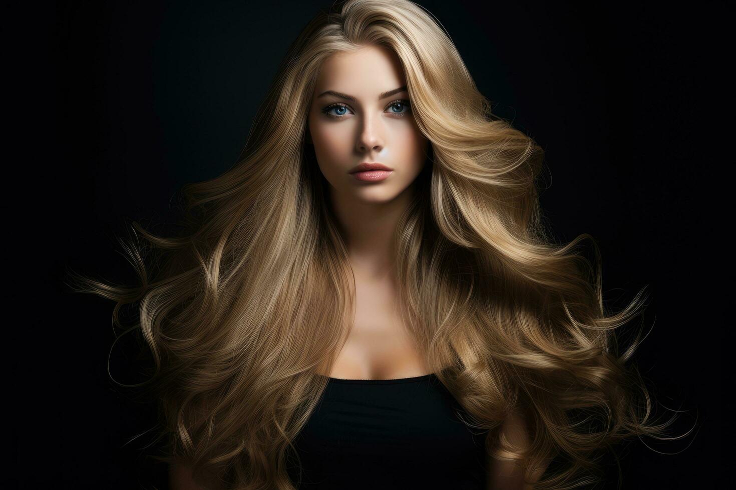 AI generated Portrait of beautiful young woman with long blond hair on black background, Beautiful girl with long blonde hair on dark background, AI Generated photo