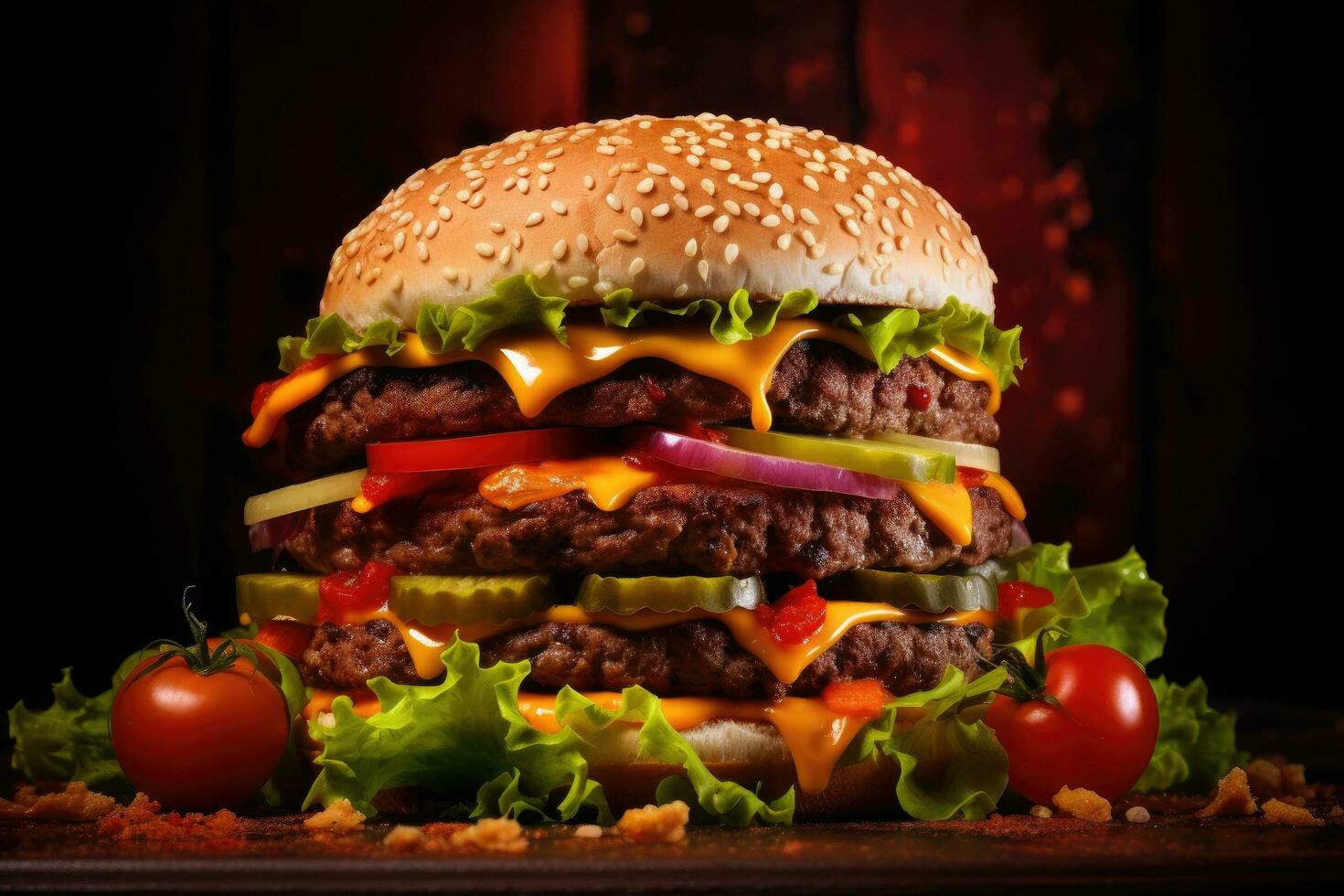 AI generated Big tasty hamburger with beef patty and vegetables on wooden table, Big fastfood tasty restaurant burger hamburger cheeseburger, AI Generated photo