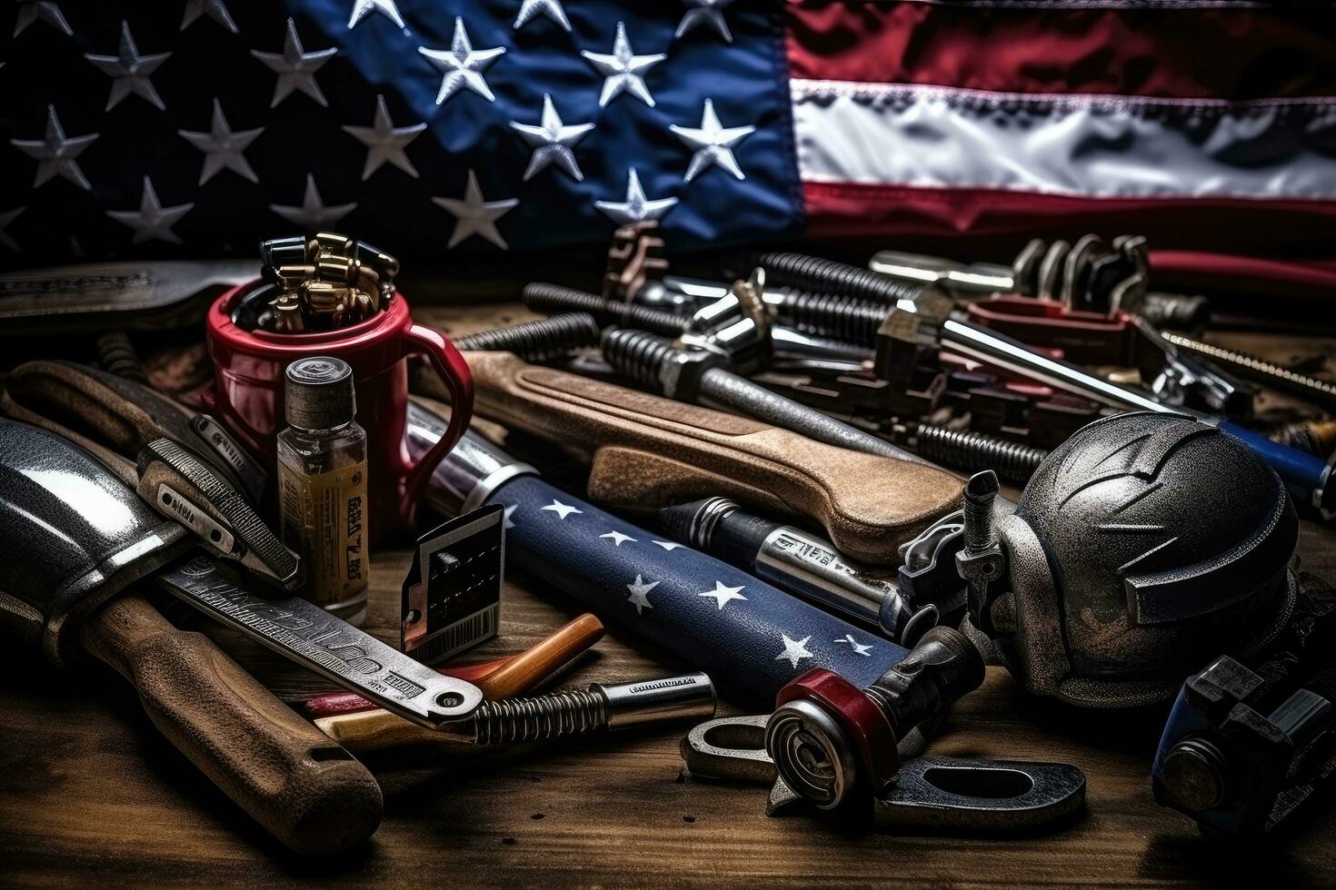 AI generated Variety of plumbing tools on rustic wooden background. Selective focus, Construction and manufacturing tools with the patriotic US, USA, American flag on a dark black background photo