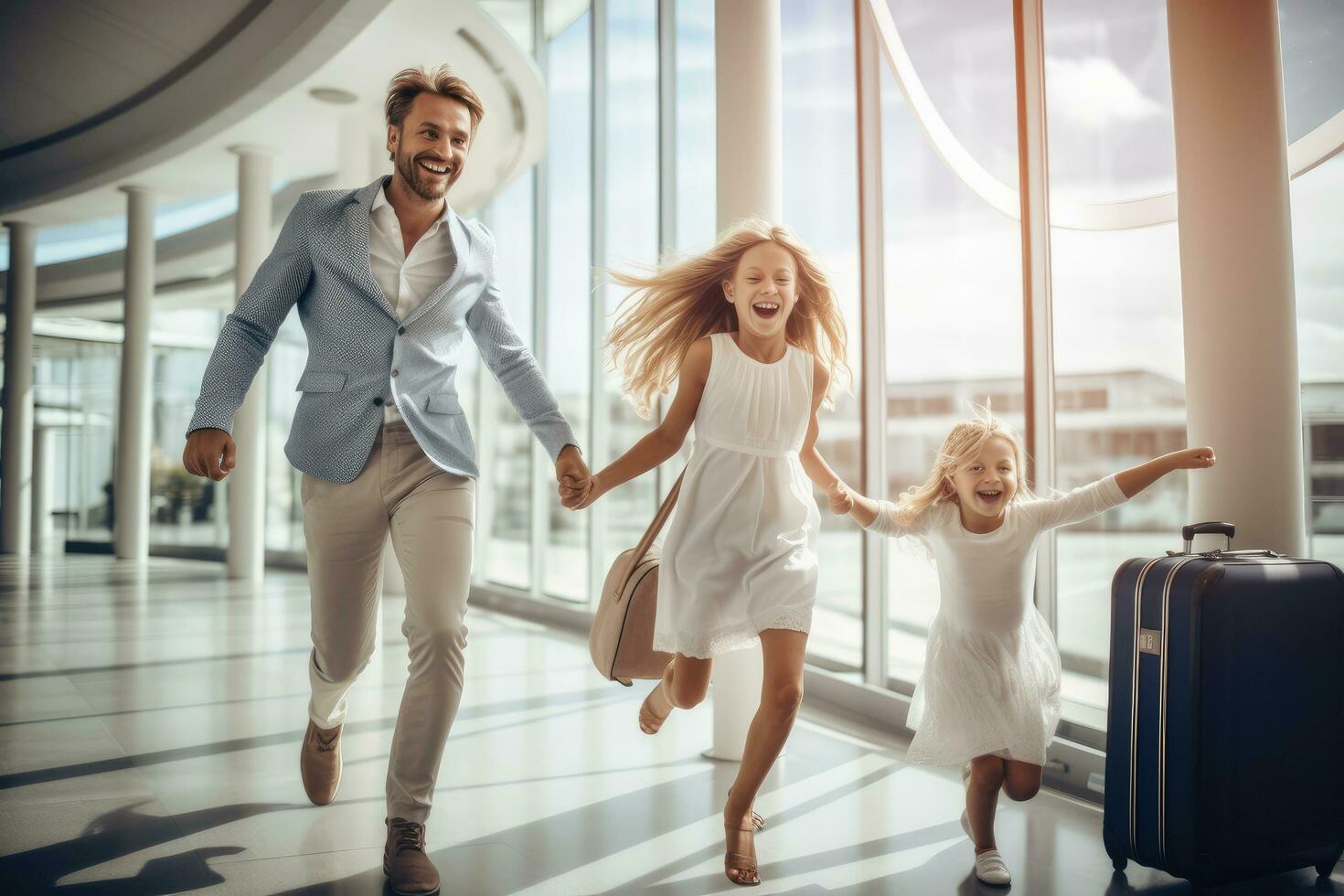 AI generated Cheerful little girl and her handsome young dad are holding hands and smiling while flying in airport, Beautiful happy excited family with a backpack and suitcases in modern hotel photo