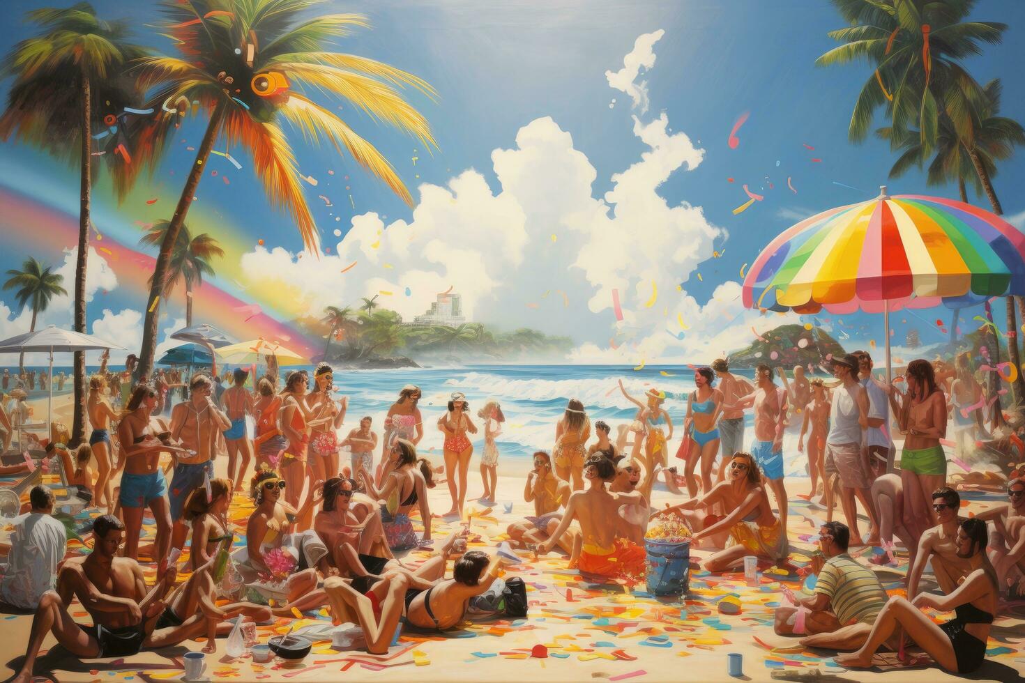 AI generated Crowd of people on the beach at sunny day. Summer vacation concept, beach party, AI Generated photo