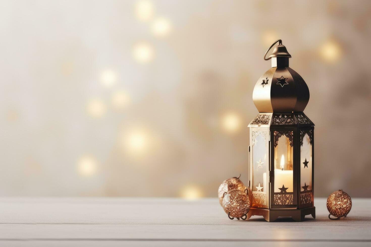AI generated Lantern with Christmas decoration on table against blurred lights. Space for text, celebration of islamic eid mubarak and eid al adha lantern in a light background copy space photo