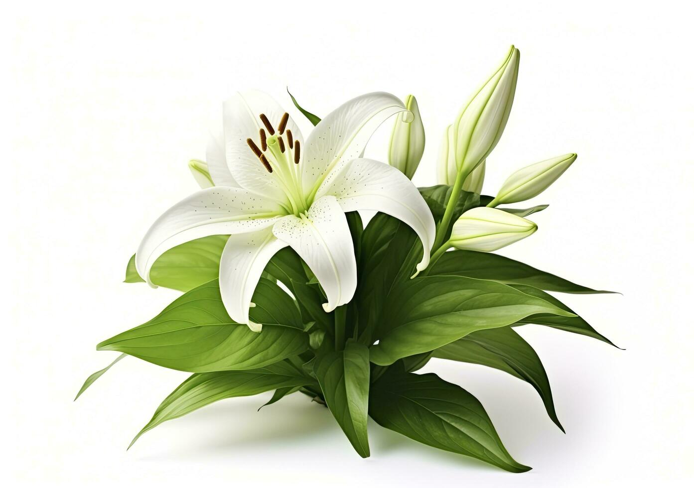 AI generated Beautiful fresh lily flower with green leaves, isolated on white background. AI Generated photo