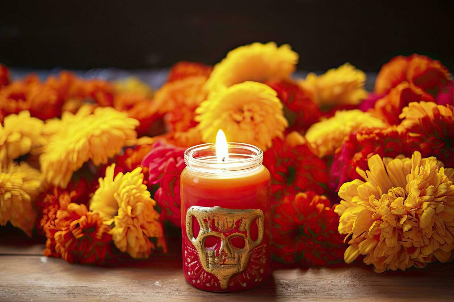 AI generated Candles and marigold flowers. Day of the dead concept dia de los muertos. AI Generated photo