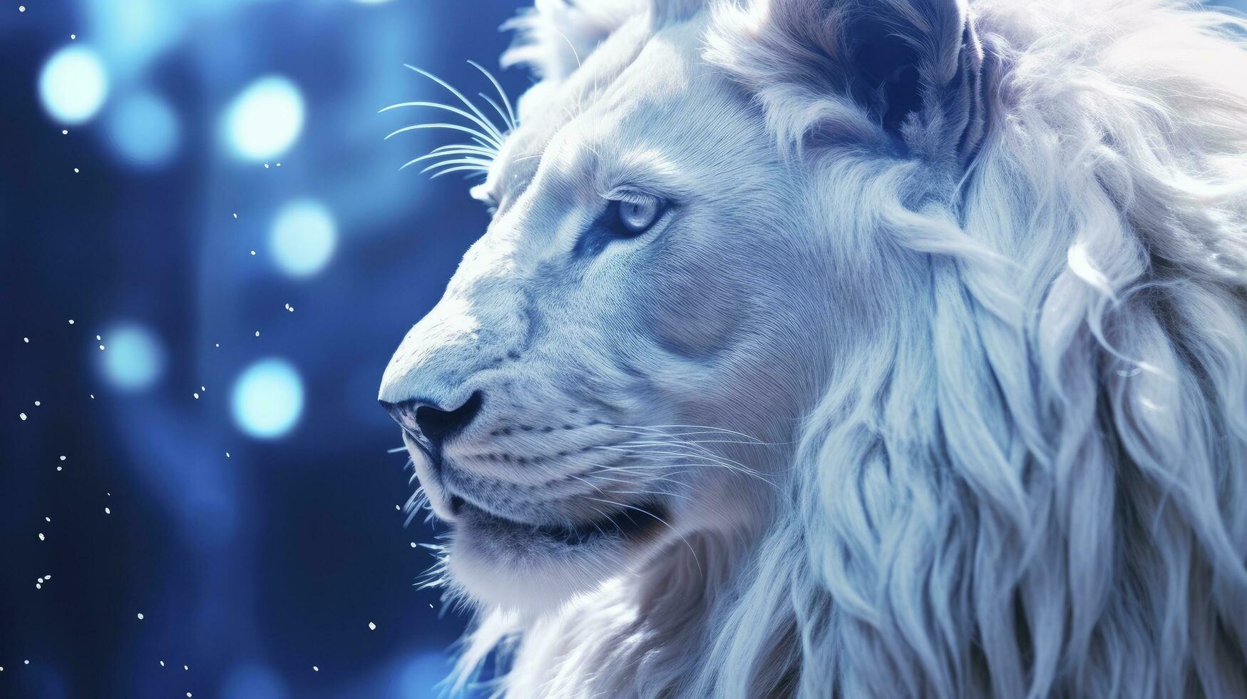 AI generated A White Lion Captured in Blue Iridescent Hues, Dark Romantic Style, Close-Up Shots, Featuring Glitter, Bokeh, and a Clean, Minimalist Aesthetic. photo