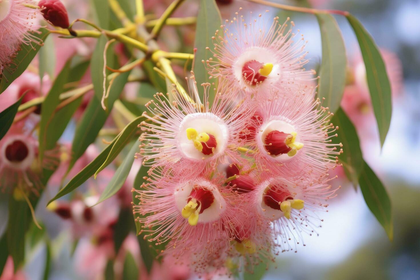 AI generated Beautiful Gum tree pink flowers and buds. AI Generated photo