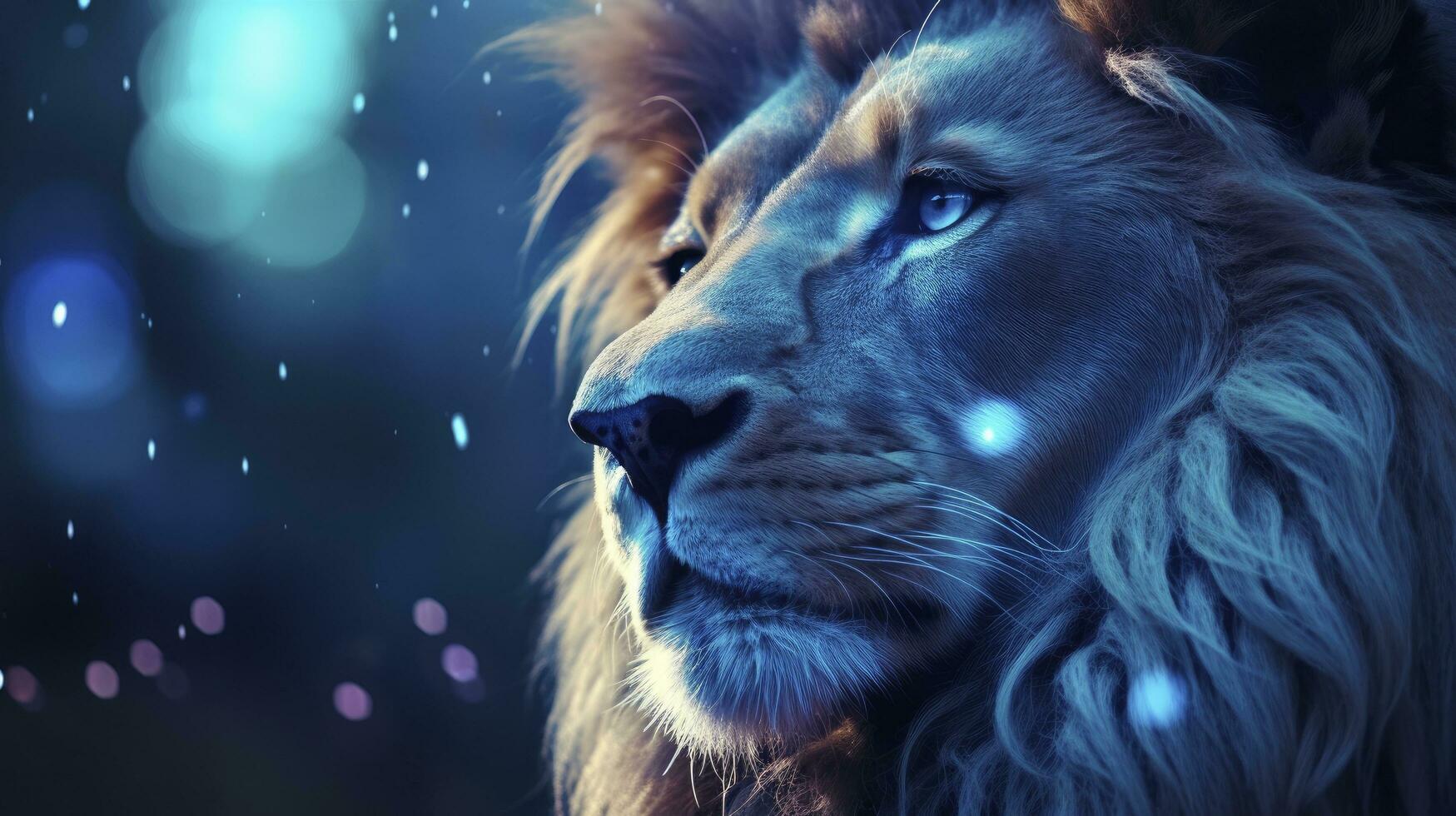 AI generated Close Up Capture of a Lion King in Dark Romantic Style, Featuring Blue Iridescent Tones, Glitter, and Bokeh Effects. photo