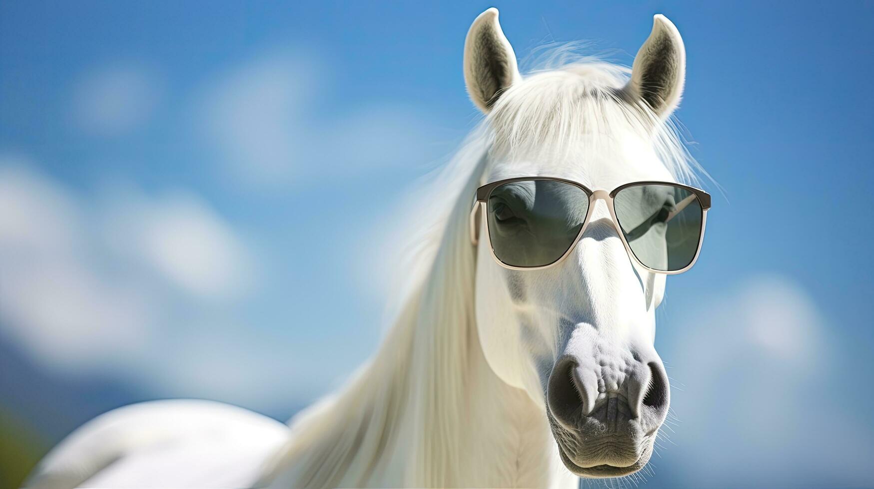 ai generado gracioso caballo en Gafas de sol en contra un natural antecedentes foto