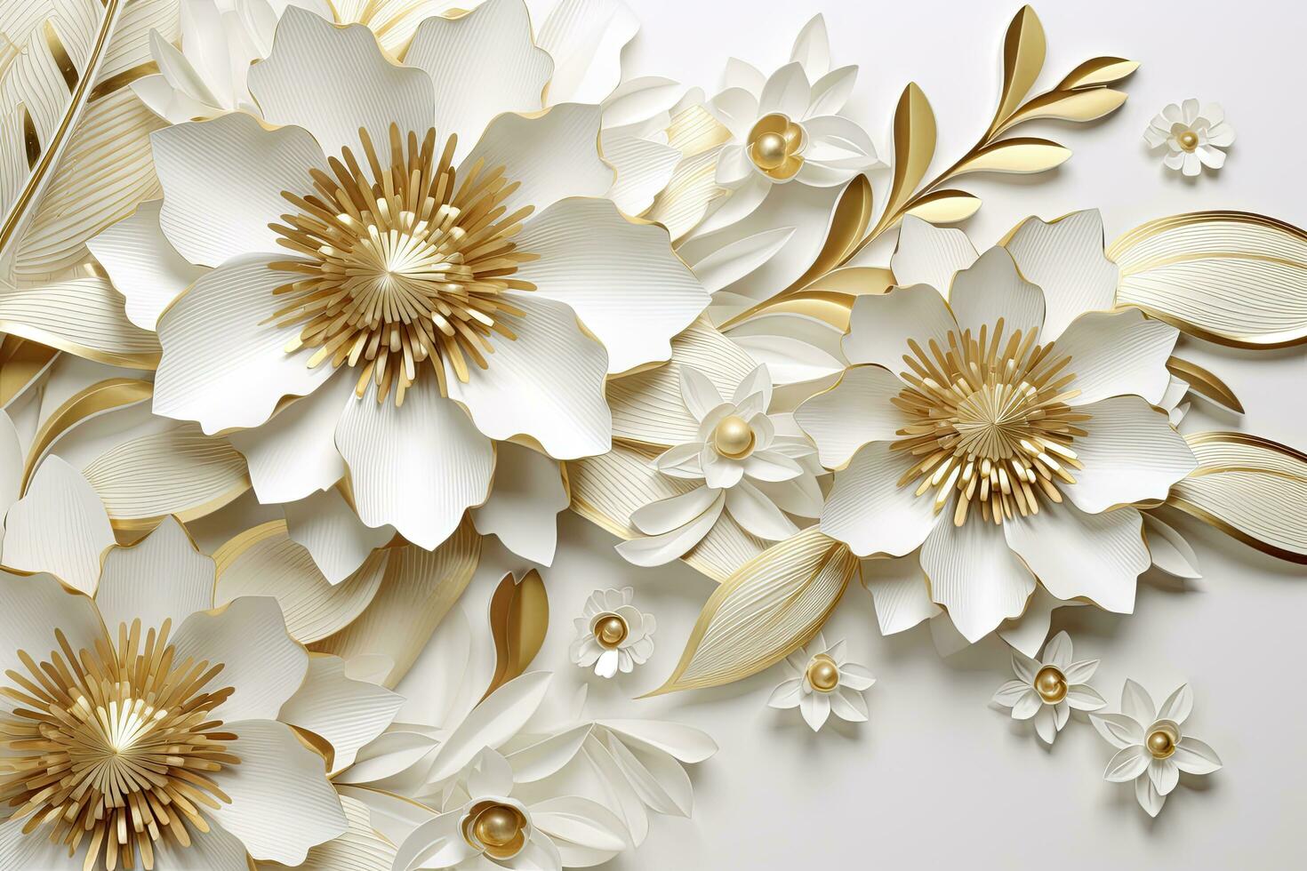 AI generated 3d gold flowers white backgroung. AI Generated photo