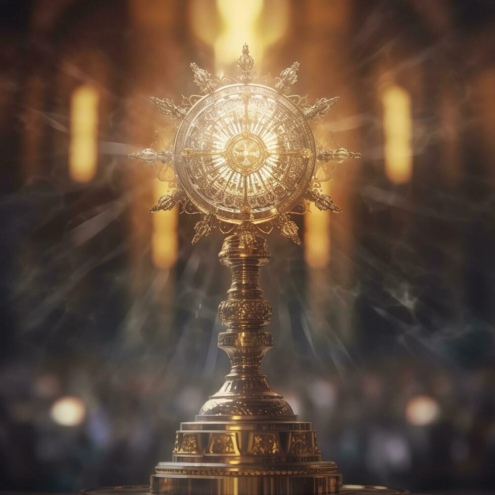 AI generated The golden monstrance with a little transparent crystal center, consecrated host. church defocused background. AI Generative photo