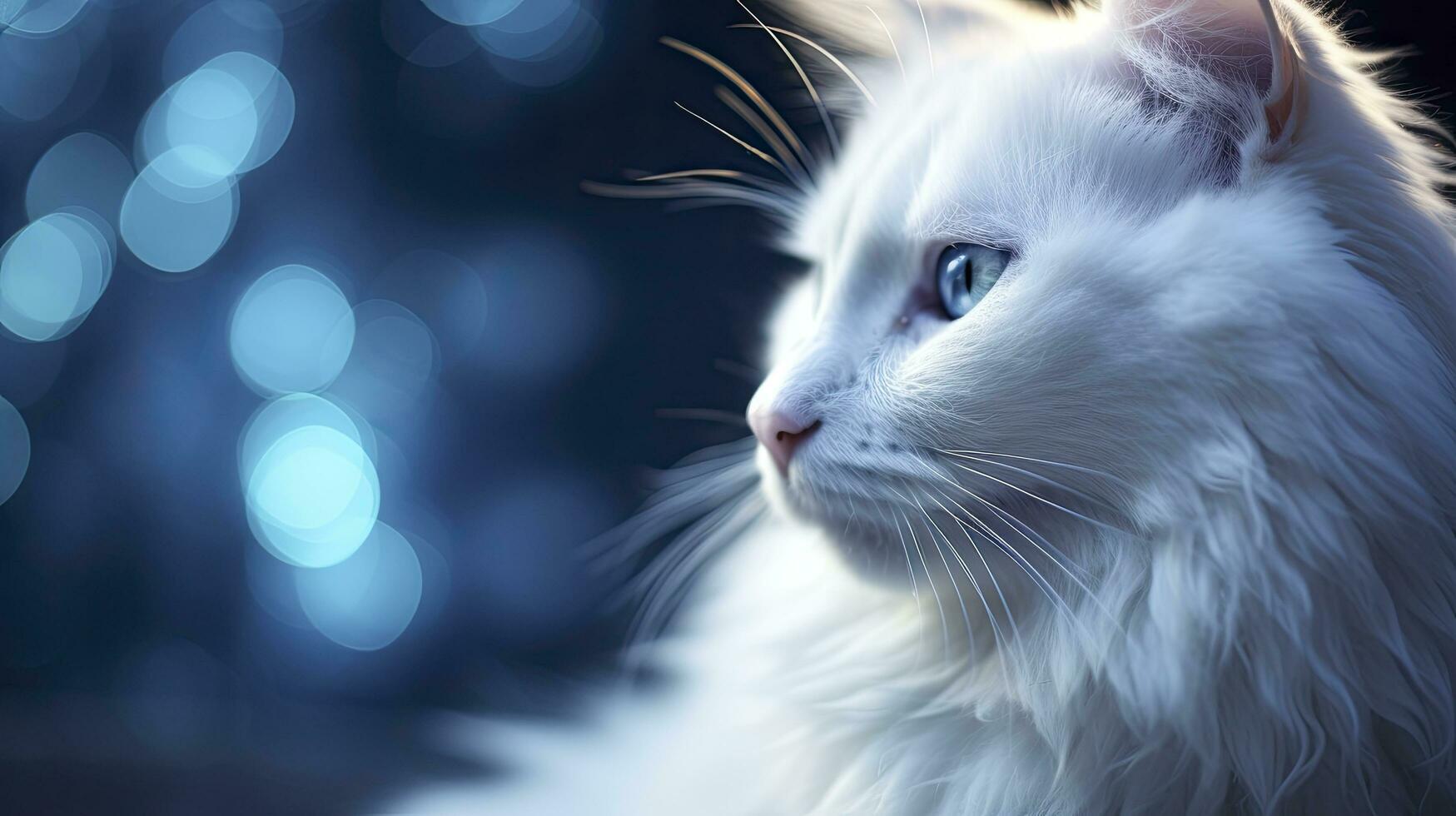 AI generated A cute fluffy cat with bright blue eyes staring outside bokeh background photo