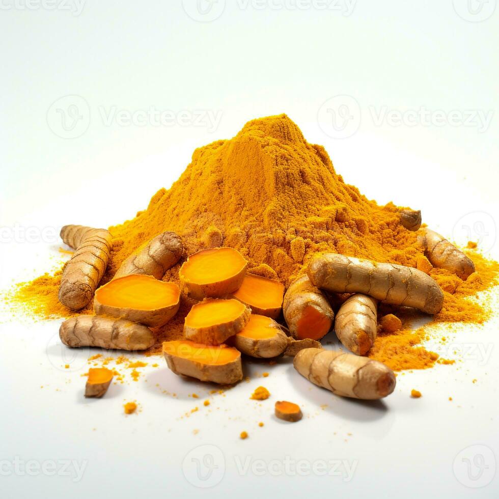 AI-generated hyperrealistic photo of turmeric root and sliced isolated on a white background.