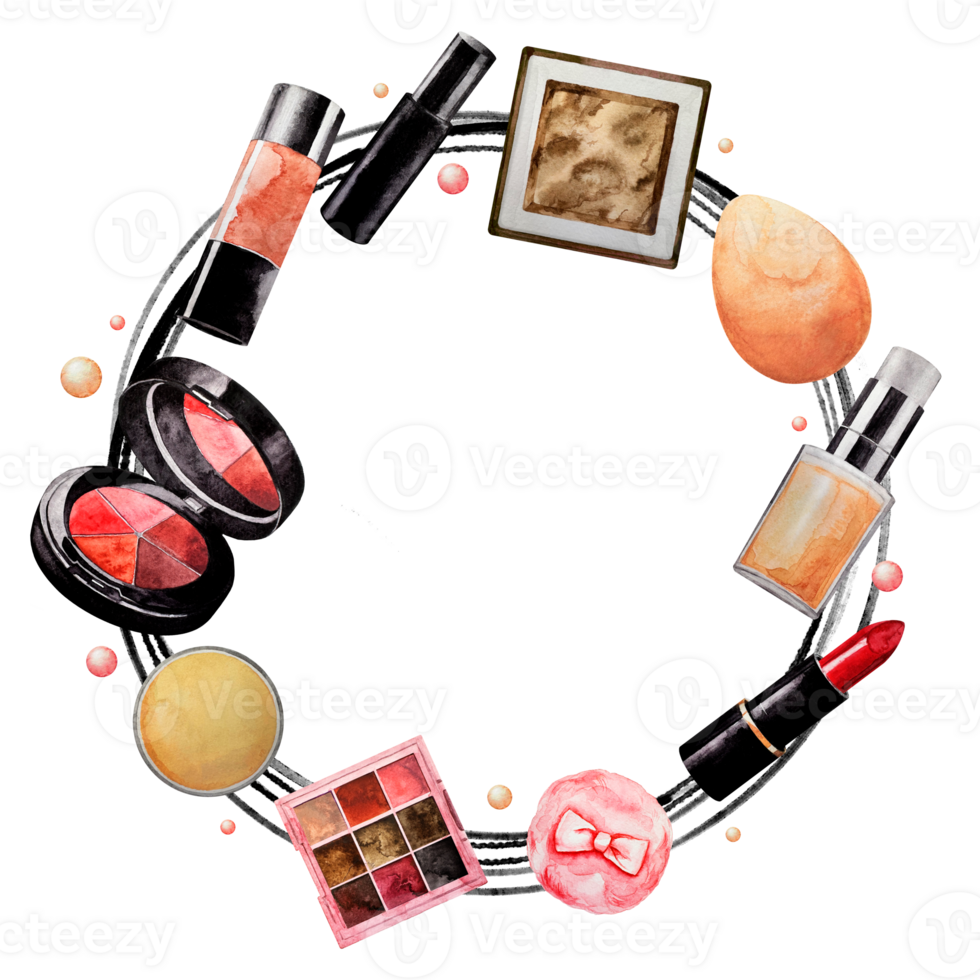 Beige frame of Makeup elements. Watercolor. Isolated. Cosmetics for banner, text. png