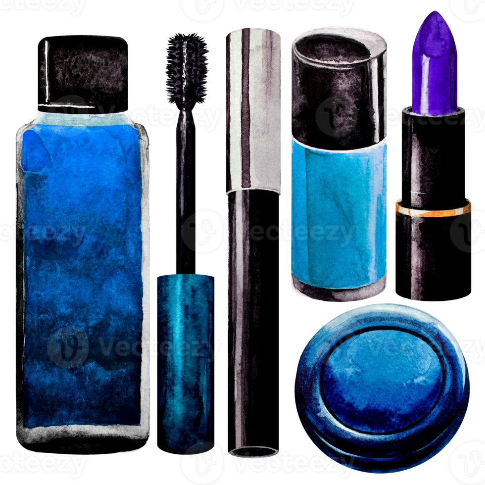 Blue set of decorative cosmetics for makeup painted in watercolor. Toner, mascara, blue lipstick, eye shadow, nail polish, eyeliner. Isolated pictures. For postcards and sales. png