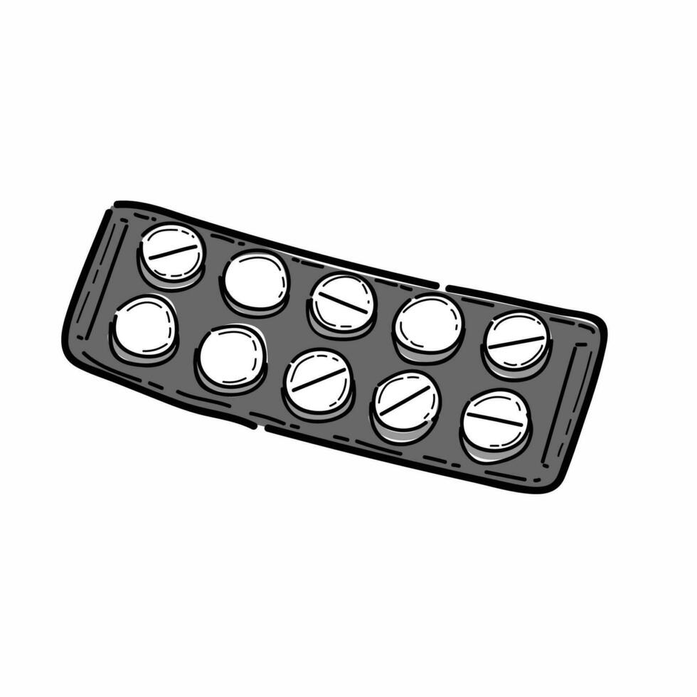 uno tira de tableta medicamento, píldora ampolla con redondo tabletas, medicamentos. médico paquete con medicamentos, drogas analgésicos en embalar. farmacia. vector ilustración aislado en blanco antecedentes