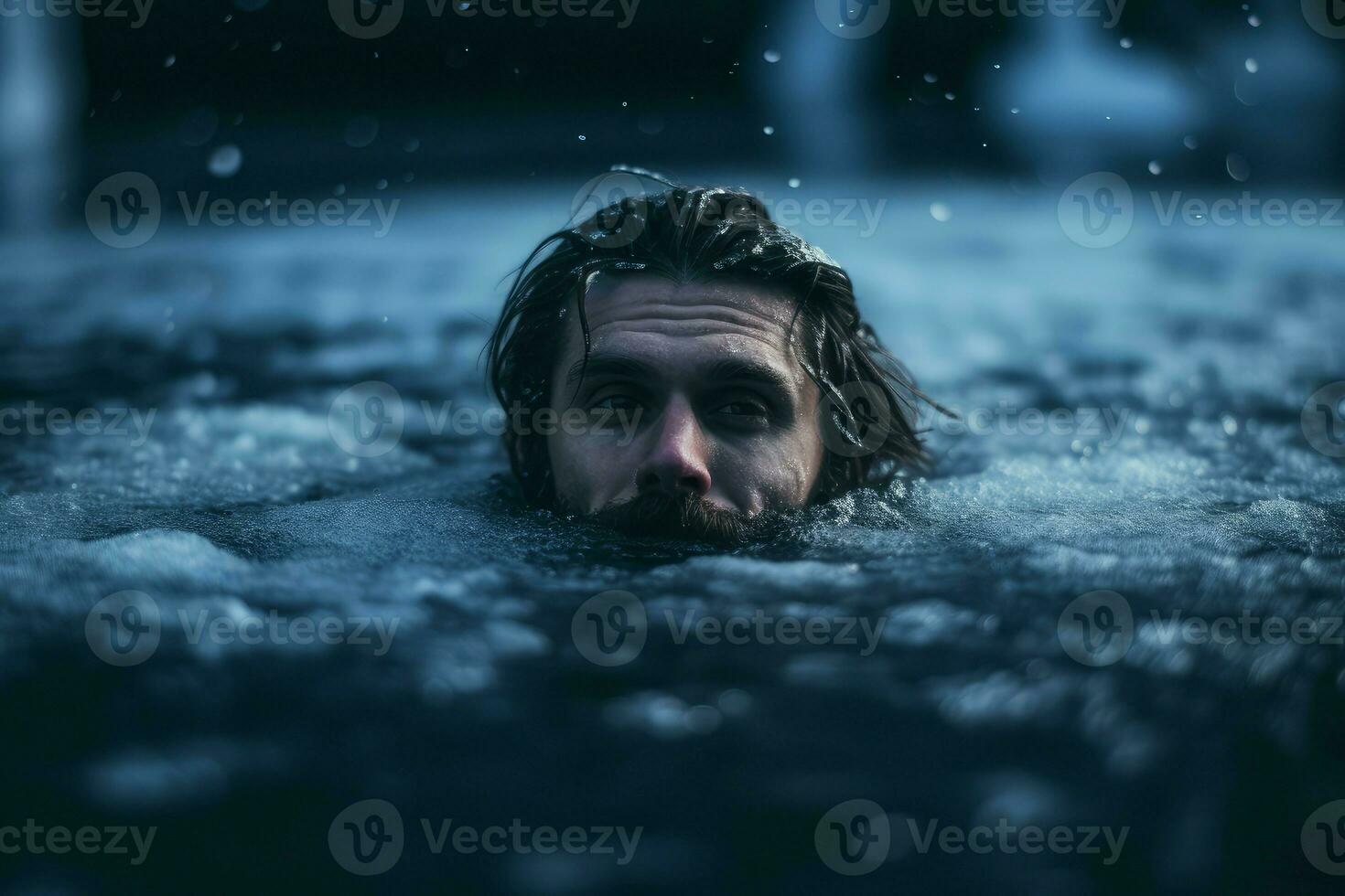 AI generated Shivering Man immersing in icy water on winter day. Generate Ai photo