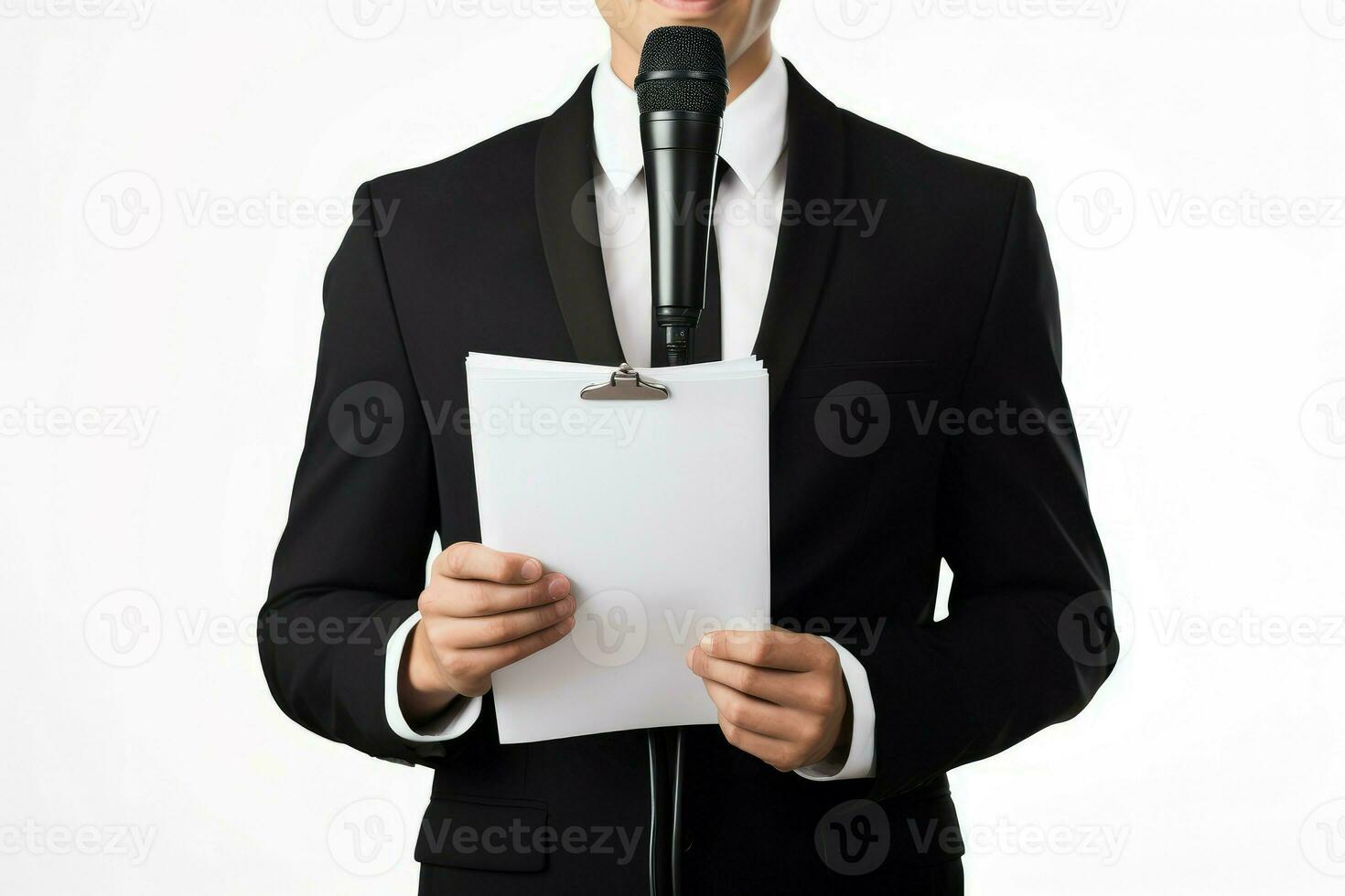 AI generated Energetic Man holding microphone and clipboard on white. Generate Ai photo