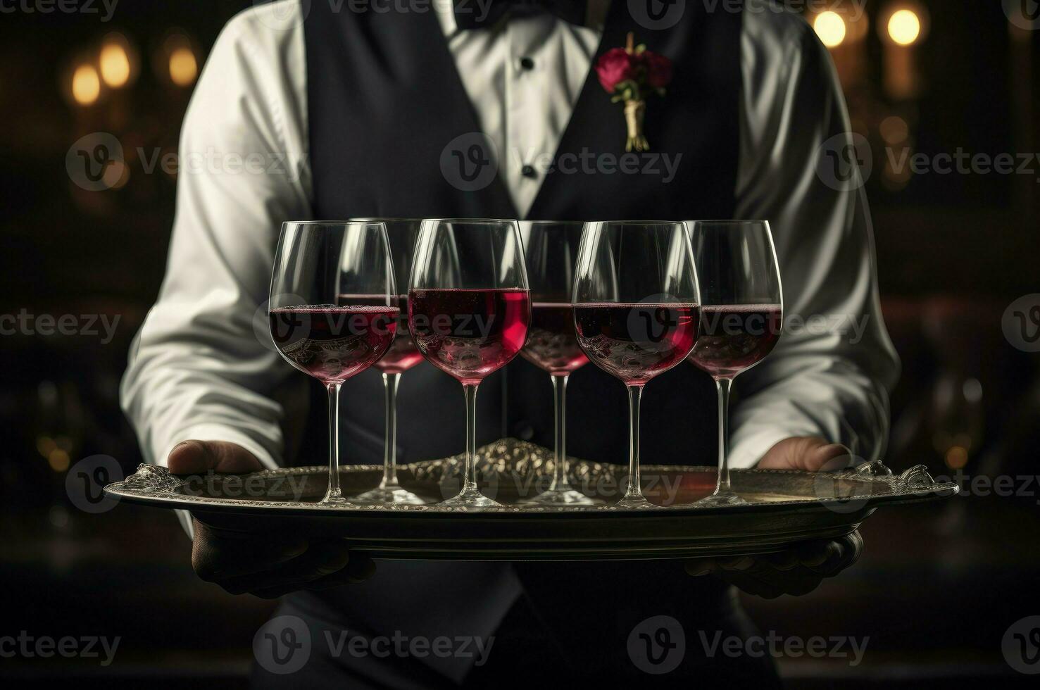 AI generated Polished Waiter hands wine tray. Generate Ai photo