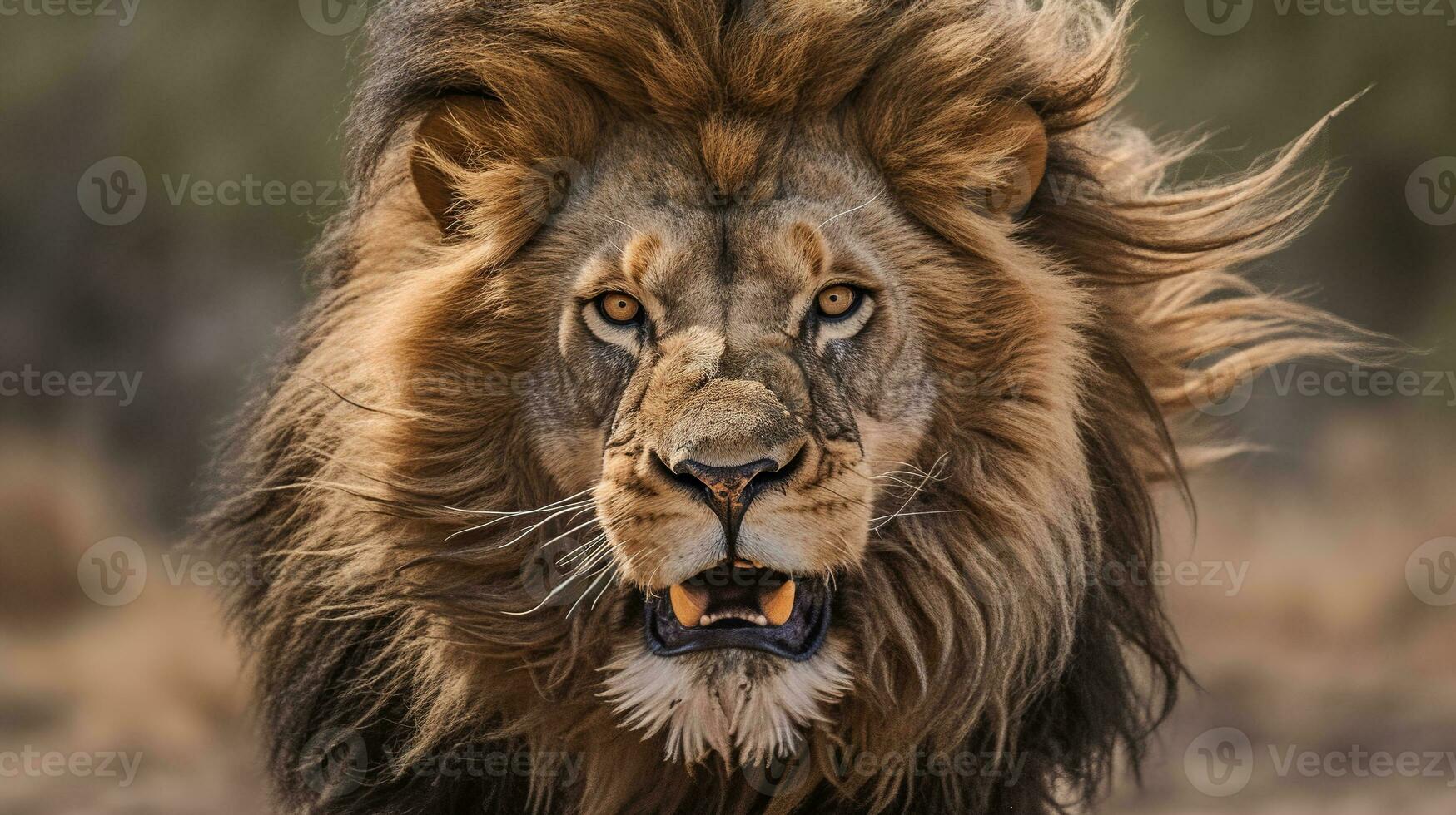 AI generated A close-up of a majestic lion with a lush mane in a natural outdoor setting photo