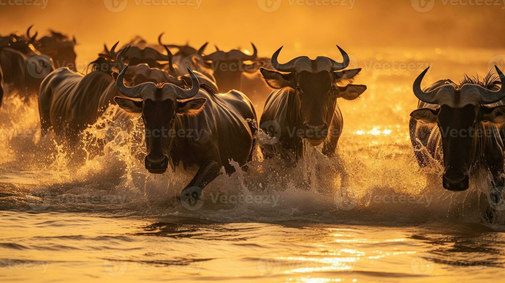 AI generated A dynamic scene of a herd of wildebeests galloping through water, highlighted by the warm, golden light of the sun photo