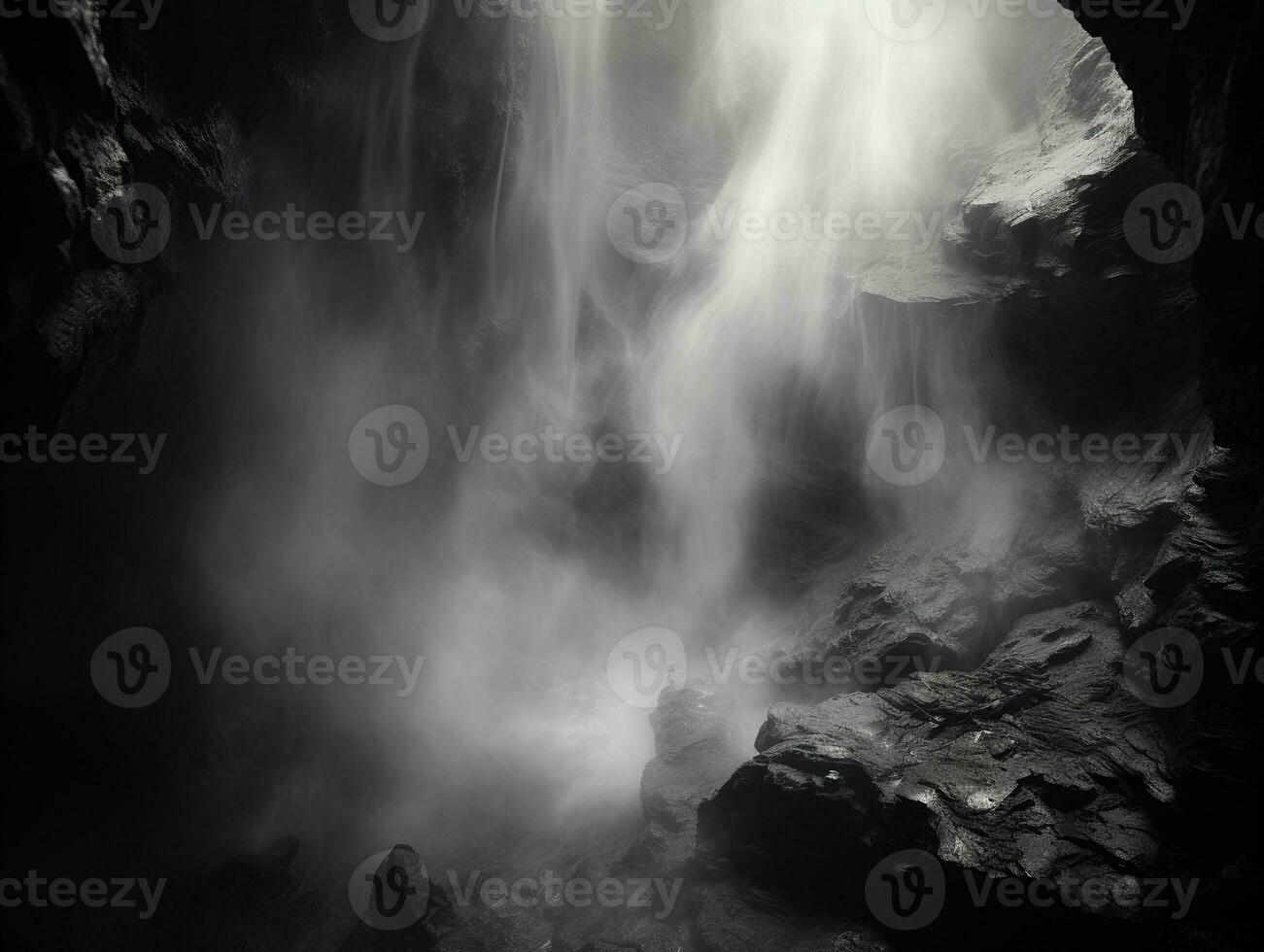 AI generated A black and white photo of smoke coming out of a cave, creating a mist