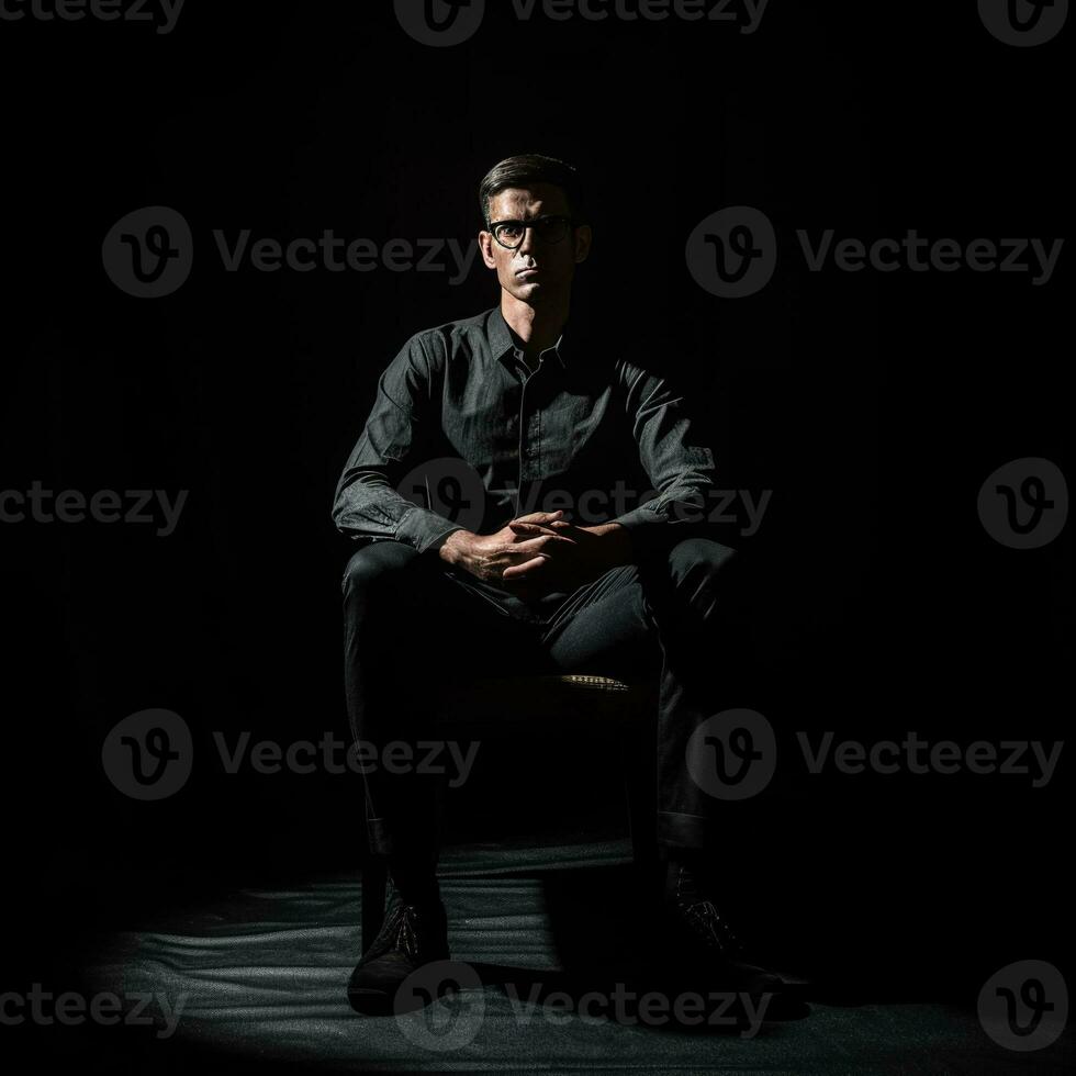 AI generated A man sitting on a chair with pitch black room, illuminated by a focused light source photo